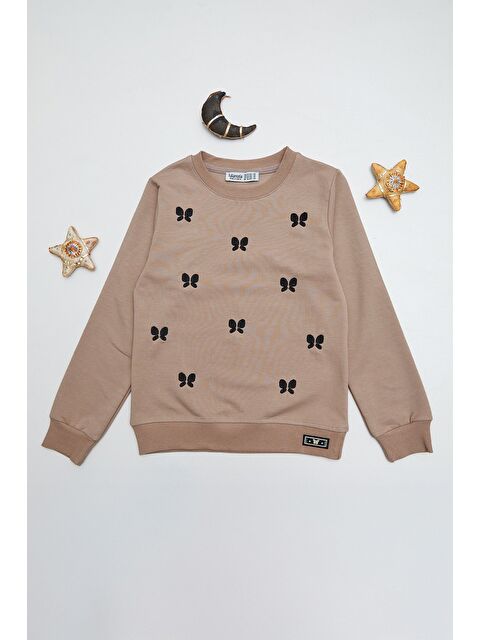 Fullamoda Kelebek Nakışlı Bisiklet Yaka Kız Çocuk Sweatshirt - S000440411-26429
