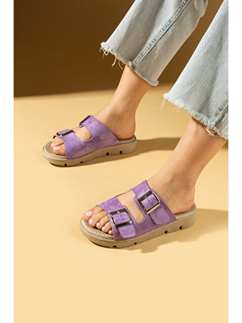 Pembe Potin Çift Ayarlanabilir Tokalı Önü Açık Kadın Terlik 020-729-25Süet - S000360883-17878