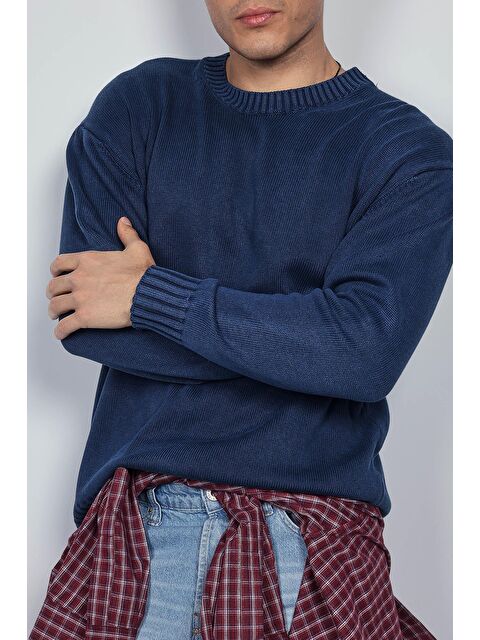 Abluka Online Erkek Oversize Bisiklet Yaka Basic Triko Kazak Lacivert - S000457377-21164