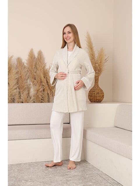 MİSS DÜNYA LİSSA Bej Çizgili Sabahlıklı Emzirmeye Uygun Hamile ve Lohusa Pijama Takımı - S000494465-19928