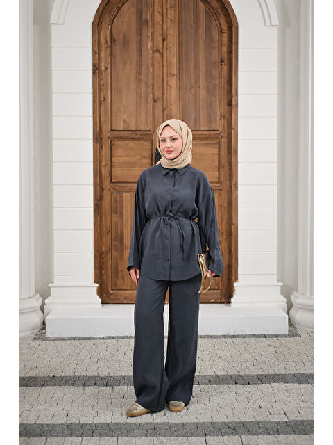 Locco Moda Kadın Gömlek Ve Bel Lastikli Bel Bağlamalı Takım Antrasit - S000527085-29666