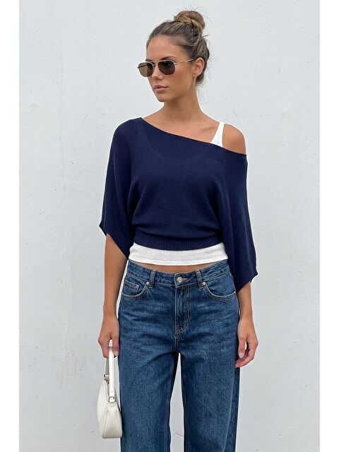 Madmext Lacivert Geniş Yaka Çift Katlı Triko Kazak Mg2780