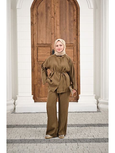 Locco Moda Kadın Gömlek Ve Bel Lastikli Bel Bağlamalı Takım Yağ Yeşil - S000527085-16580