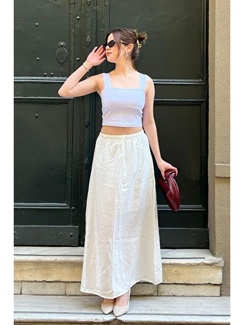 Madmext Beyaz Beli Lastikli Uzun Kadın Etek Mg1979