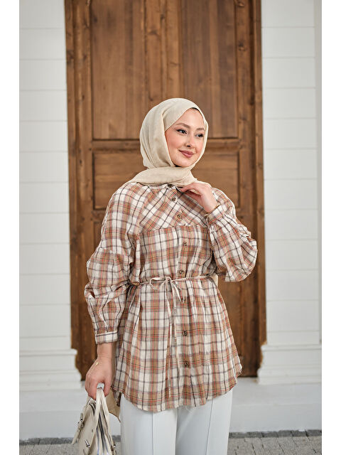 Locco Moda Kadın Ekose Desen Bel Bağlamalı Gömlek Vizon