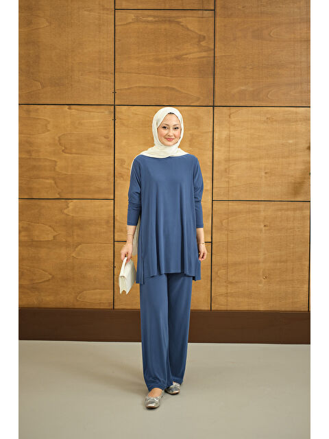 Locco Moda Kadın Yanları Yırtmaç Detay İkili Takım İndigo Mavi - S000527070-23093