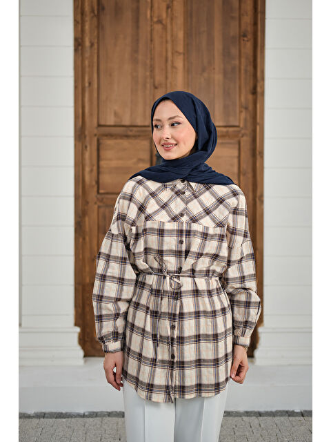 Locco Moda Kadın Ekose Desen Bel Bağlamalı Gömlek Siyah