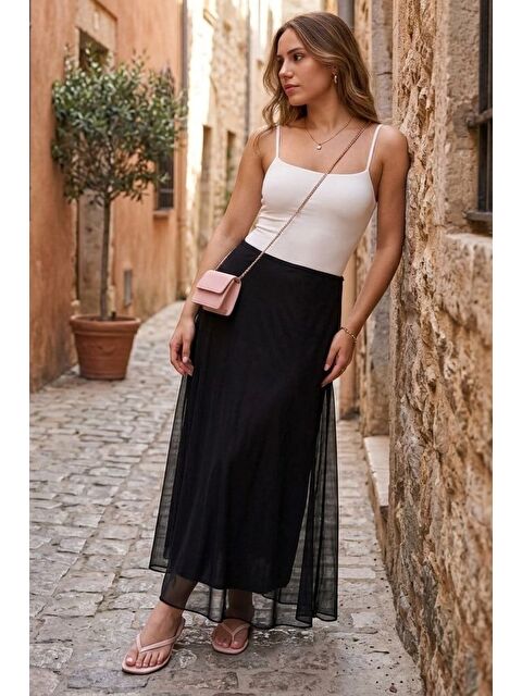 Madmext Siyah Tül Katmanlı Kadın Etek Mg2708