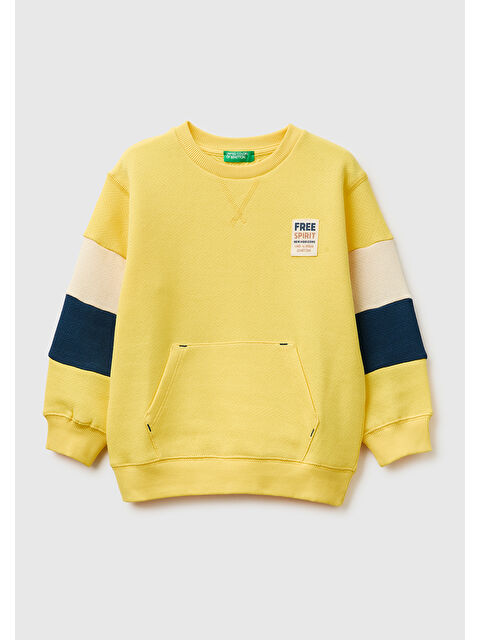 United Colors Of Benetton Erkek Çocuk Sarı Kol Detaylı Renk Bloklu Logo Etiketli Bisiklet Yaka Sweatshirt - S000517335-20072
