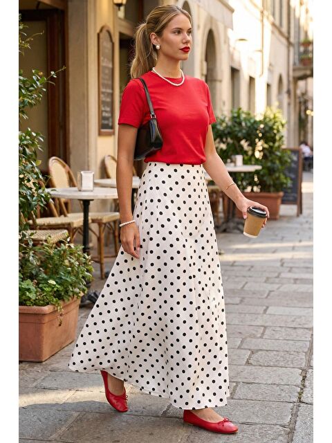 Madmext Beyaz Puantiyeli Maxi Kadın Saten Etek Mg2725