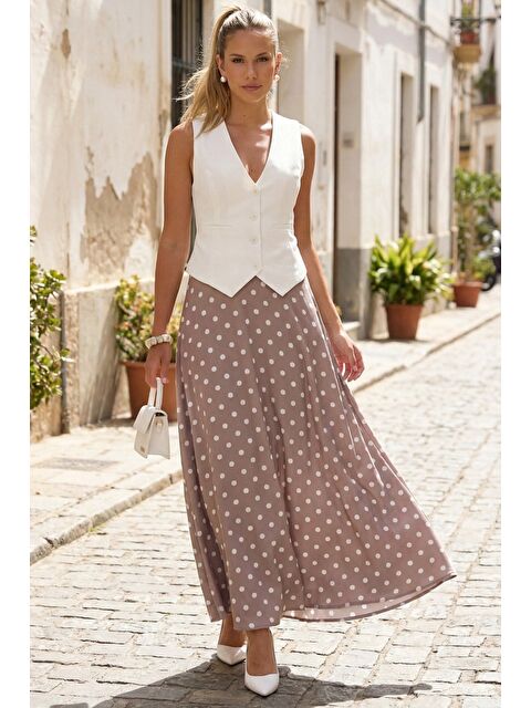 Madmext Bej Puantiyeli Maxi Kadın Saten Etek Mg2725