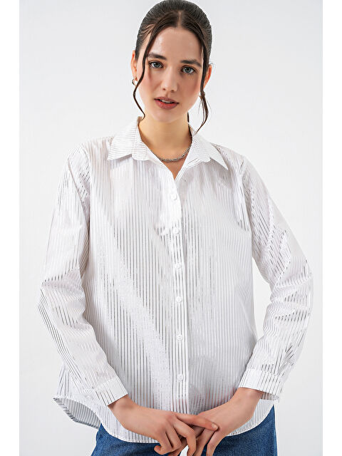 Bigdart Kadın Varak Desenli Gömlek 20253 - B.Gümüş