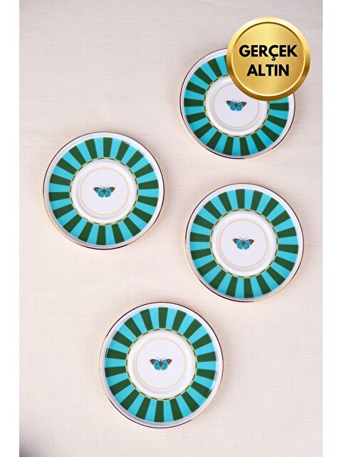 TABAK EVİ Porselen Butterfly Collection Altın Yaldızlı Çay Tabağı 11,8cm Yeşil 4 lü - S000513413-23173