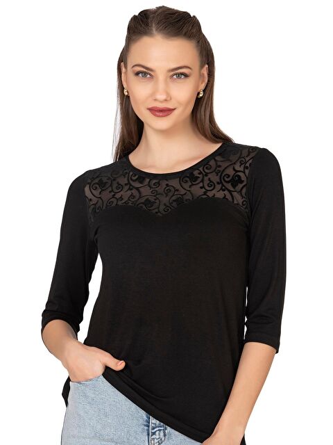 Kompedan Kadın Transparan Yaka Garnili Bluz | Siyah 25250