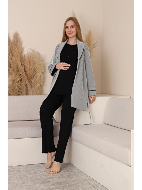 MİSS DÜNYA LİSSA Siyah Çizgili Sabahlıklı Emzirmeye Uygun Hamile ve Lohusa Pijama Takımı - S000494465-19351