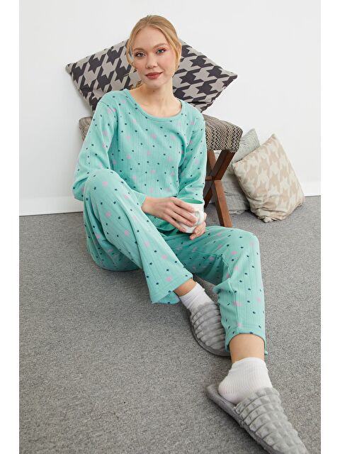 Fullamoda Büyük Beden Kalp Ve Yıldız Desenli Pijama Takımı - S000471292-18194