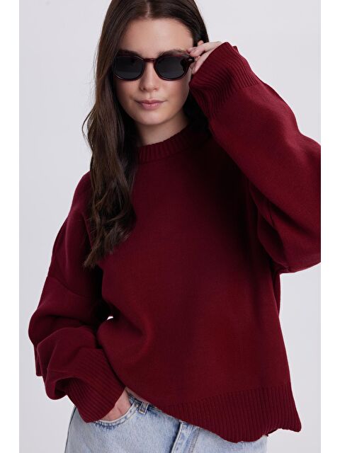 TUDORS Kadın Oversize Geniş Kesim Bisiklet Yaka Bordo Kazak - S000522749-19951