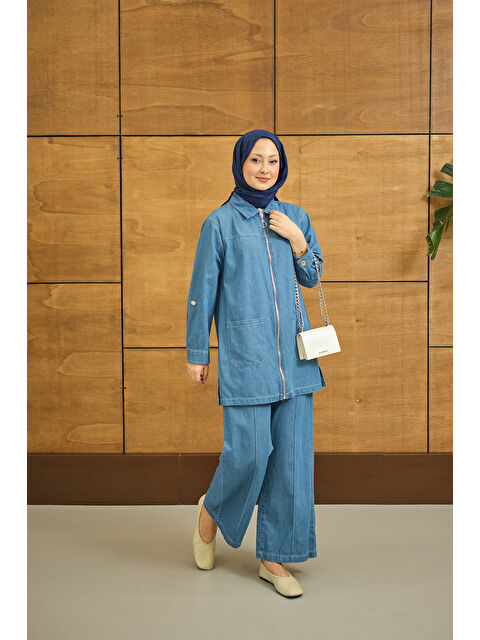 Locco Moda Kadın Gömlek Yaka Fermuarlı Takım Mavi