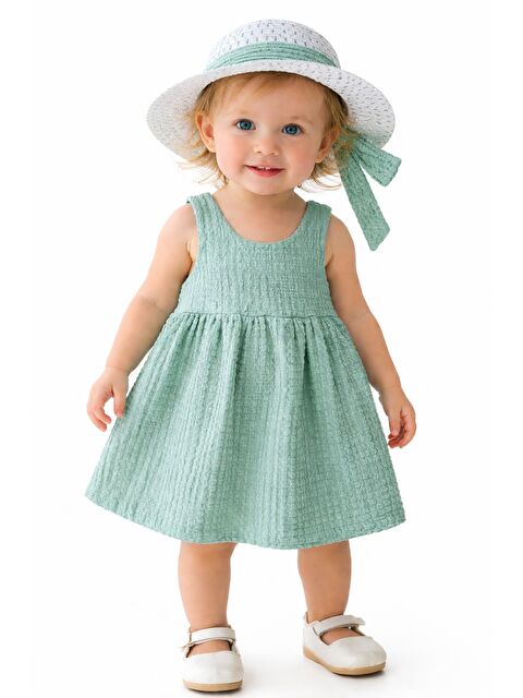 Chicsy Baby Tatlı Kız Bebek Tarz Elbise Şapkalı Fiyonk Detaylı Yazlık 2’li Kombin