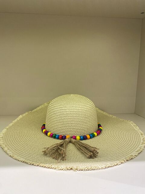 Luminos Butik Bej Geniş Kenarlı Renkli Boncuk Detaylı Hasır Şapka HSR2087 - S000379351-19928