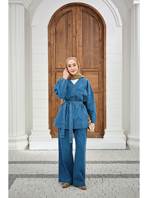 Locco Moda Kadın Cep Detay Bel Bağlamalı Jean Takım Mavi - S000527088-17234