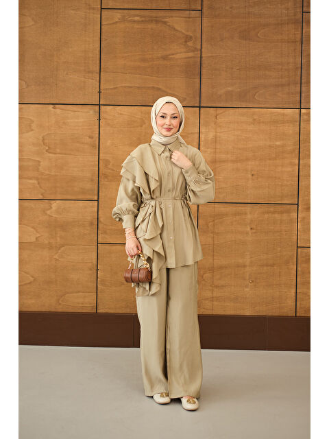 Locco Moda Kadın Dikiş Detay Volanlı Bel Bağlamalı Takım Krem - S000530205-19966