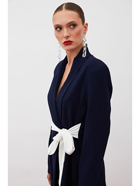 SATEEN Beli Kuşaklı Uzun Ceket - Lacivert - S000323700-21164