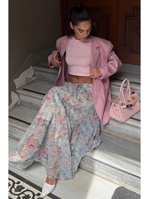 Madmext Ekru Çiçek Desenli Vintage Şifon Maxi Etek Mg2776