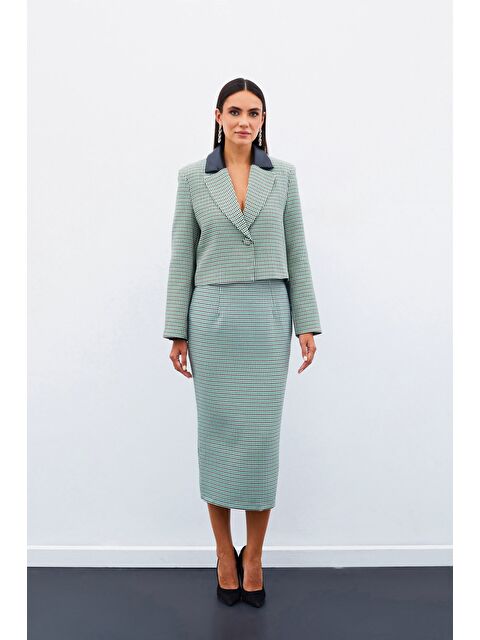 SATEEN Kazayağı Crop Ceket - Yeşil - S000323749-18194