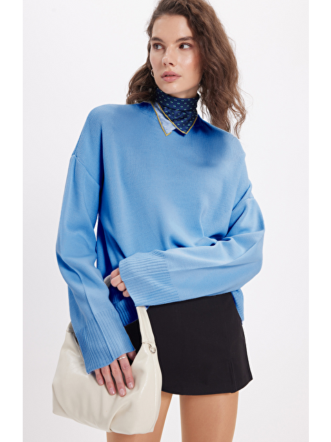 TUDORS Kadın Oversize Geniş Kesim Bisiklet Yaka Mavi Kazak - S000522768-17234