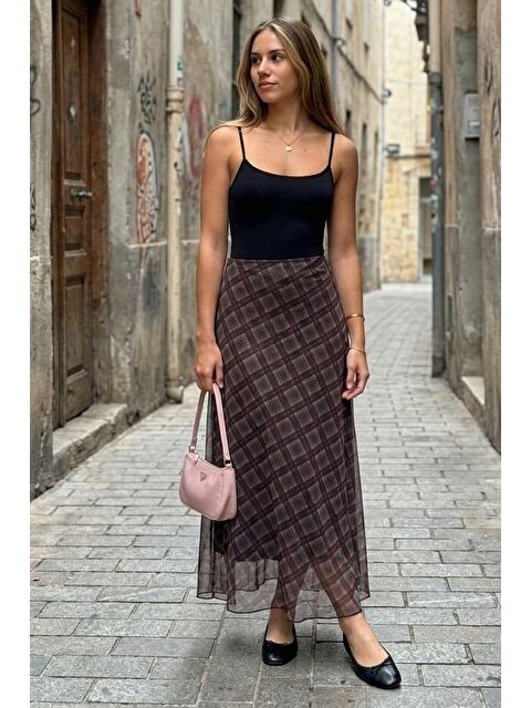 Madmext Haki Ekose Desen Tül Katmanlı Kadın Etek Mg2708