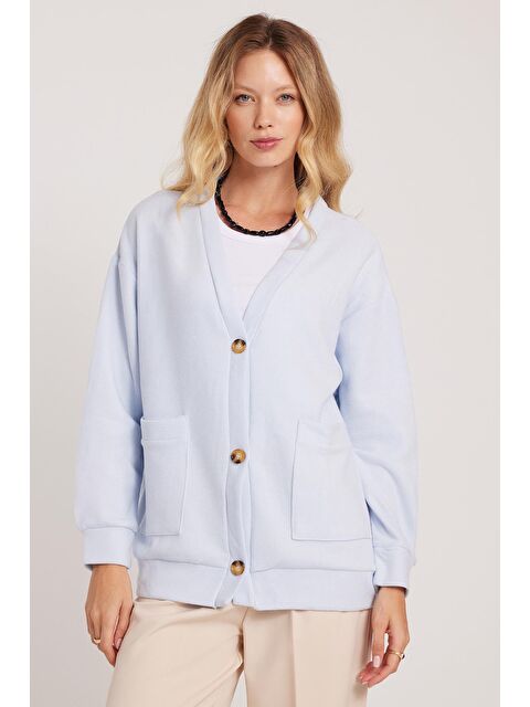 TUDORS Kadın Relax Fit Rahat Kesim Örme Kumaş Çift Cepli V Yaka Mavi Hırka - S000522769-17234