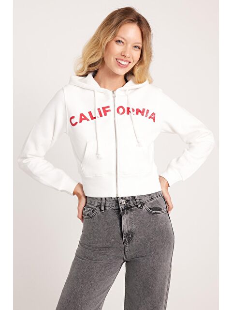 TUDORS Kadın Slim Fit Dar Kesim Pamuklu Kapüşonlu Baskılı Ekru Hırka - S000522771-19965