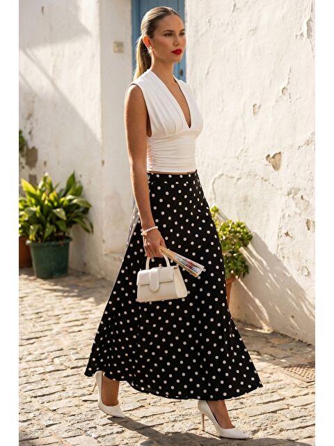 Madmext Siyah Puantiyeli Maxi Kadın Saten Etek Mg2725