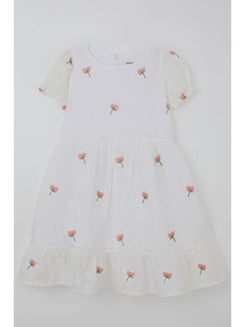 Breeze Kız Çocuk Elbise Çiçek Nakışlı Arka Kısmı Fermuarlı Beyaz (6-12 Yaş)