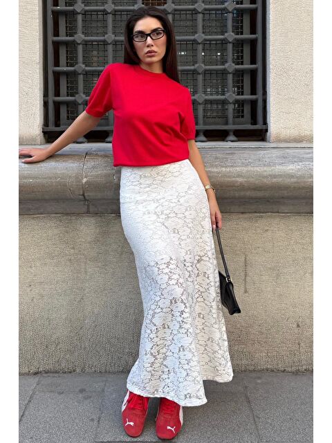 Madmext Beyaz Astarlı Dantel Etek Mg2731