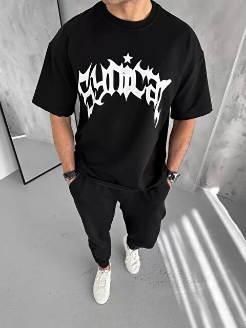 Jane's Unisex Bisiklet Yaka Baskılı Oversize T-Shirt - Siyah - S000528641-19351