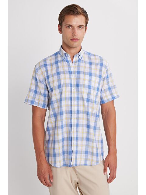 TUDORS Erkek Regular Fit Klasik Kesim %100 Pamuk Keten Doku Cepli Kareli Kısa Kollu Düğmeli Yaka Gömlek - S000519023-23173