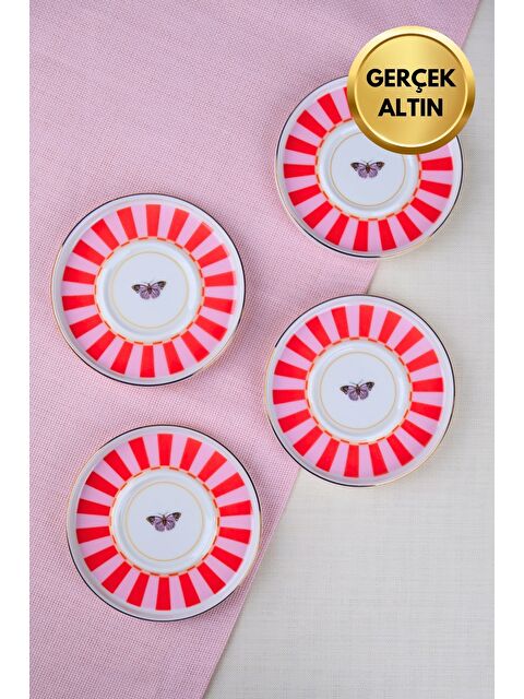 TABAK EVİ Porselen Butterfly Collection Altın Yaldızlı Çay Tabağı 11,8cm Kırmızı 4 lü - S000513420-23173