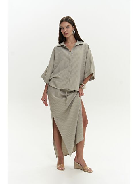 Mai Collection Dina Çizgili Gömlek Etek Soft Haki Takım - S000372433-18547