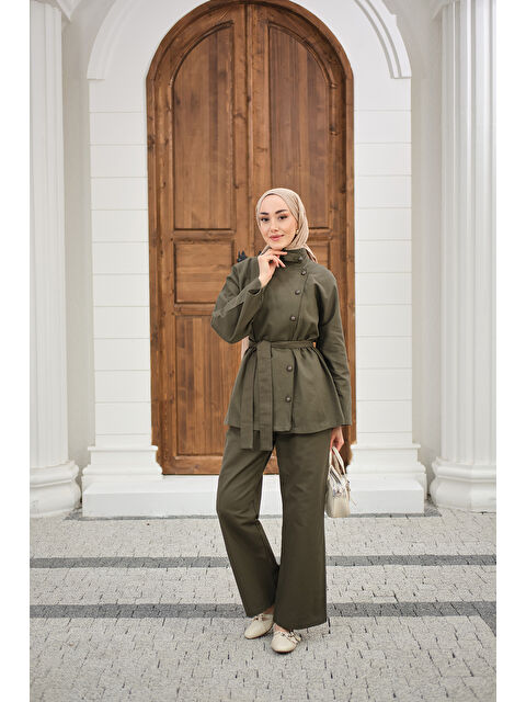 Locco Moda Kadın Boyun Düğme Detay Bel Bağlamalı Jean Takım Haki Yeşil - S000527089-18547