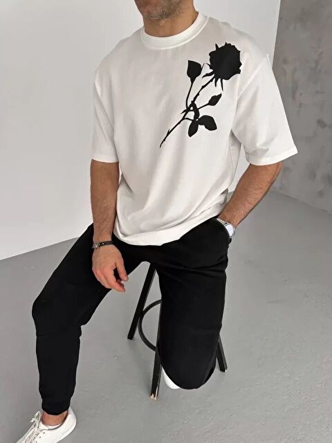 Jane's Unisex Bisiklet Yaka Baskılı Oversize T-Shirt - Beyaz - S000528642-20063