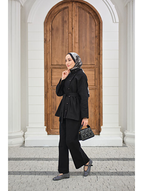 Locco Moda Kadın Boyun Düğme Detay Bel Bağlamalı Jean Takım Siyah