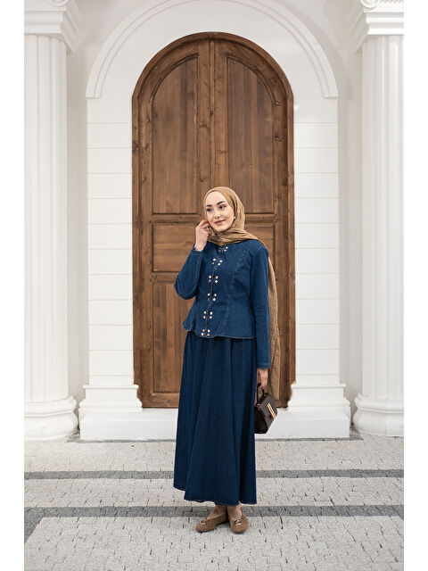 Locco Moda Kadın Çıtçıtlı Bisiklet Yaka Etekli Jean Takım Lacivert - S000527091-21164