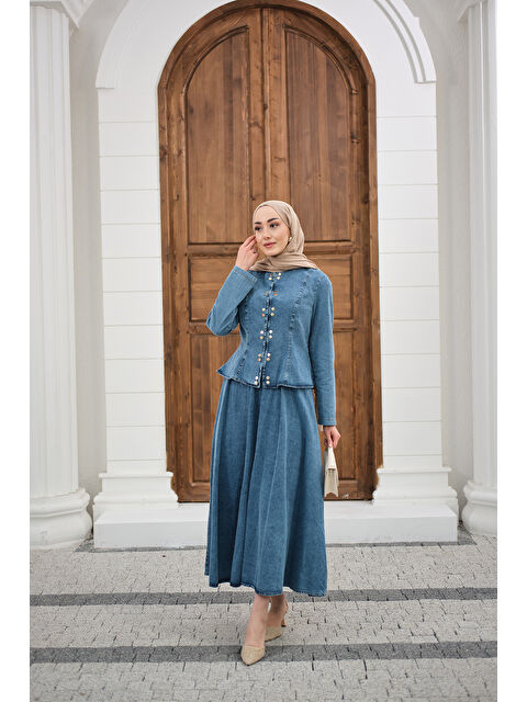 Locco Moda Kadın Çıtçıtlı Bisiklet Yaka Etekli Jean Takım Buz Mavi - S000527091-3053