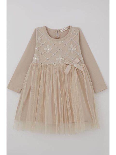 Breeze Kız Çocuk Uzun Kollu Elbise Pullu Tüllü Çiçek Aksesuarlı Bej (1.5-5 Yaş) - S000527090-19928