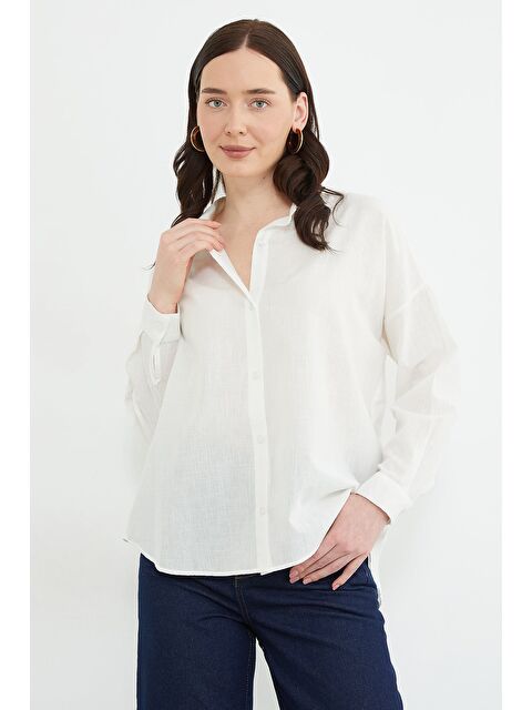 Fullamoda Basic Keten Görünümlü Oversize Gömlek