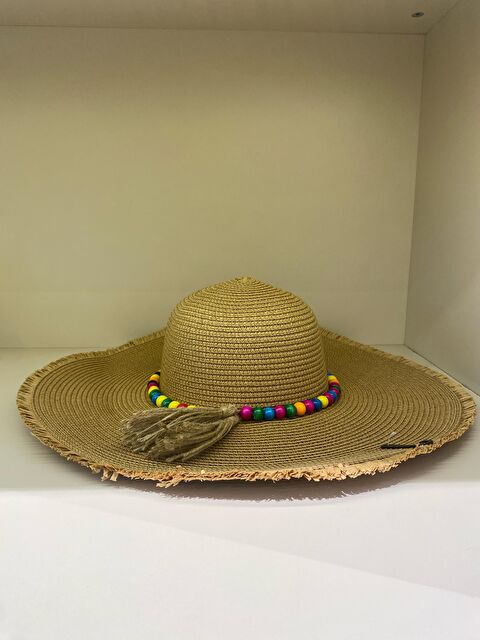 Luminos Butik Camel Geniş Kenarlı Renkli Boncuk Detaylı Hasır Şapka HSR2087 - S000379351-4557