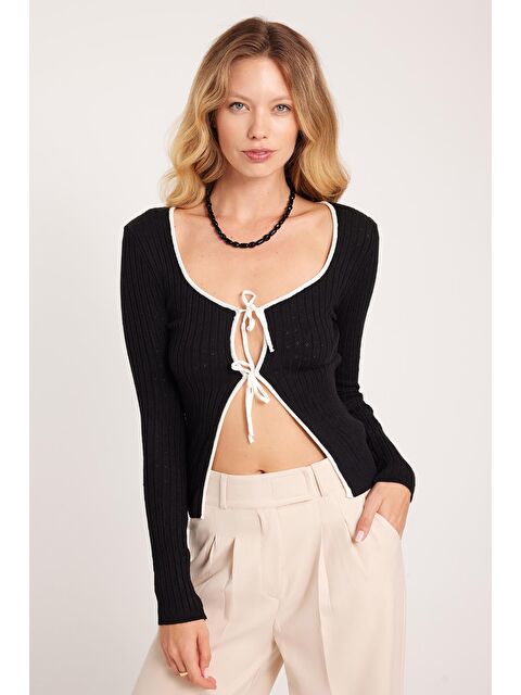 TUDORS Kadın Slim Fit Dar Kesim Uzun Kollu U Yaka Bağlama Detaylı Siyah Hırka - S000522781-19351