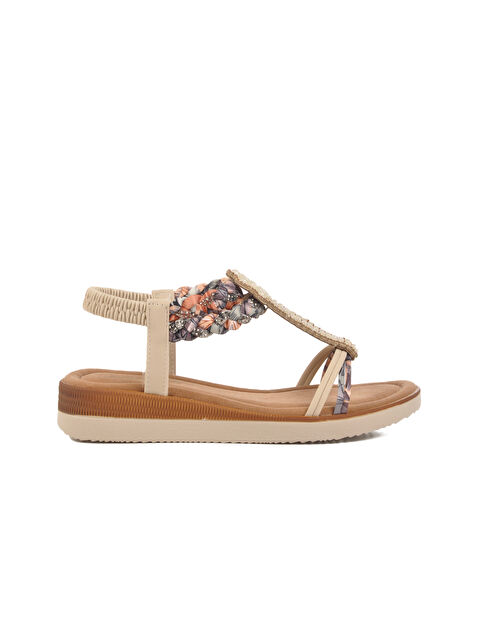 Ayakmod Bej İşlemeli Hafif İnce Taban Kadın Sandalet 358131 Z - S000373371-19927